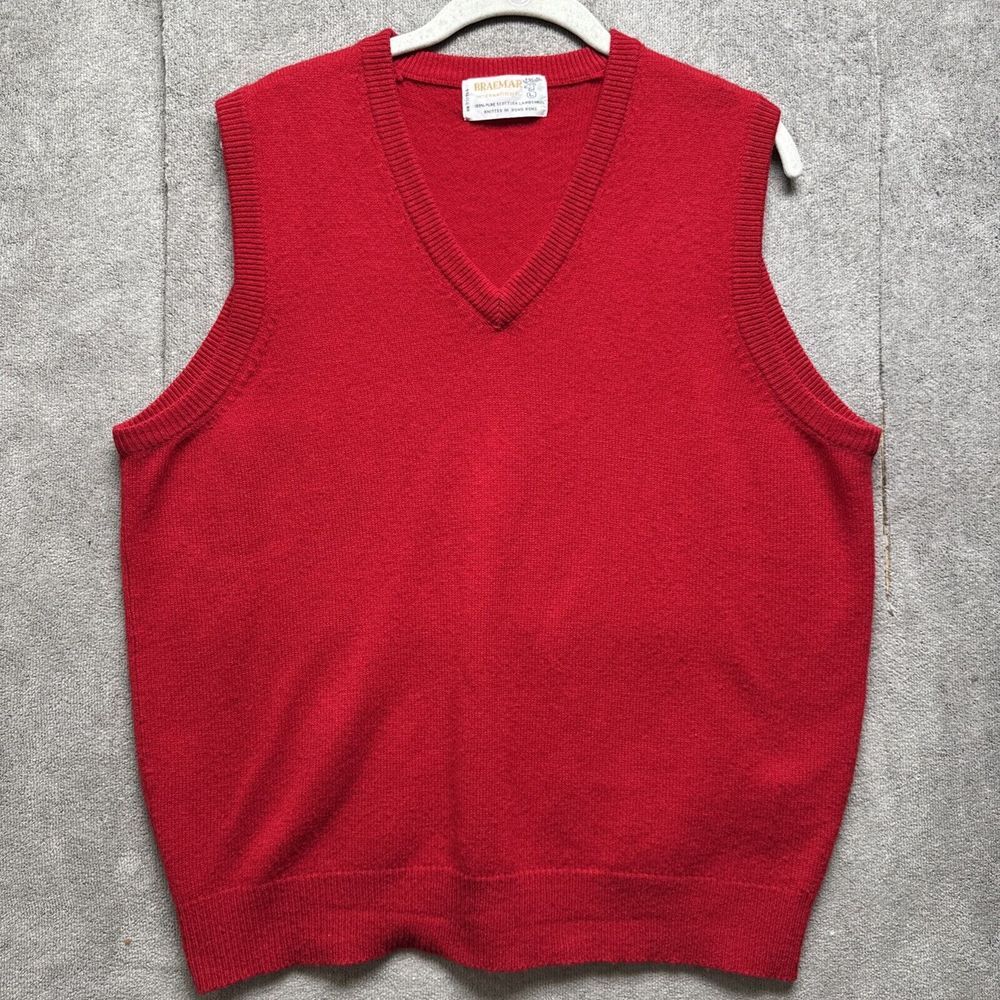Braemer International Sweater Vest‎ Mens L Red Scottish Lambswool Grandpa Golf